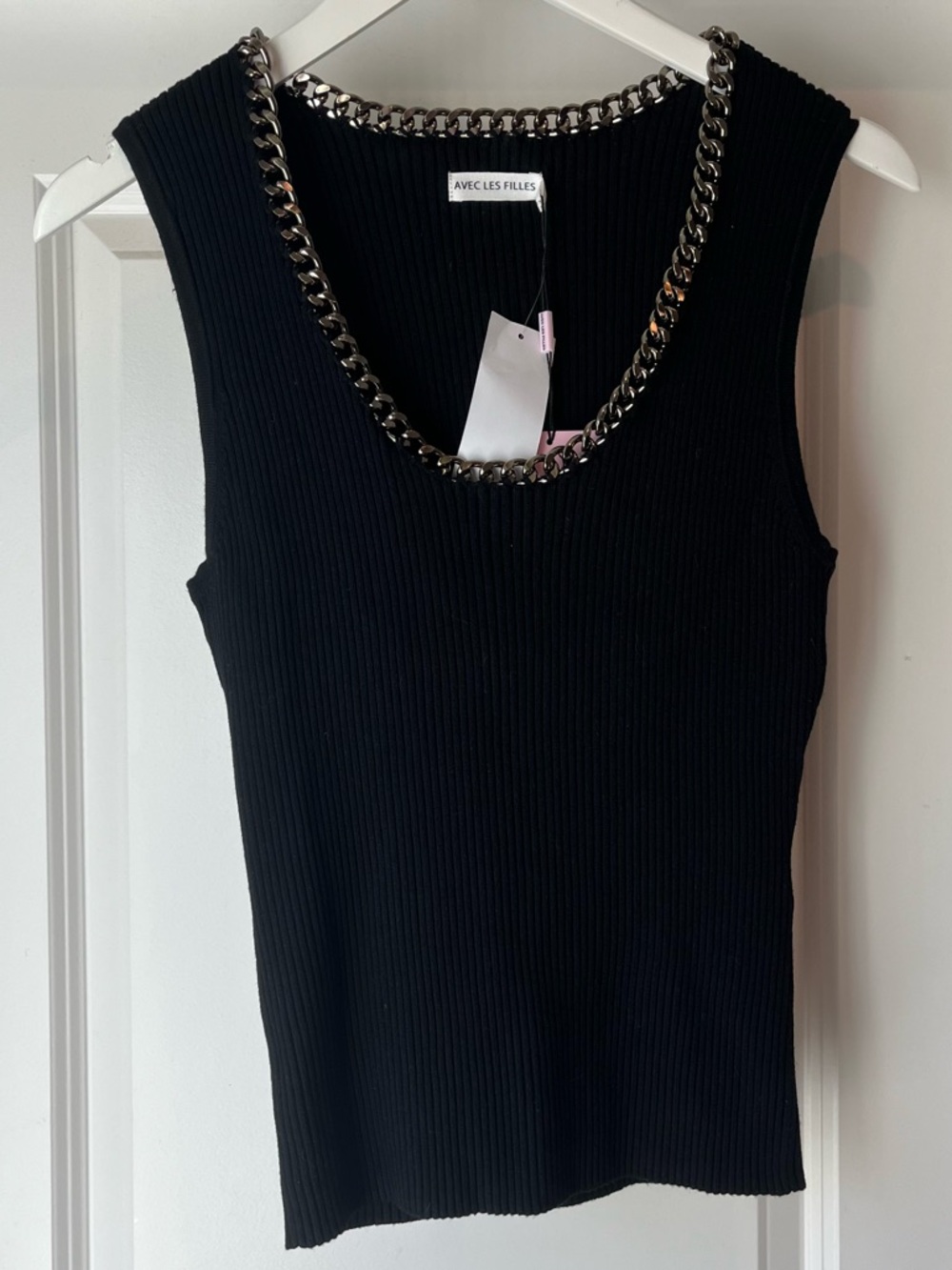 Avec Les Filles Black Ribbed Tank with Silver Chain Trim
